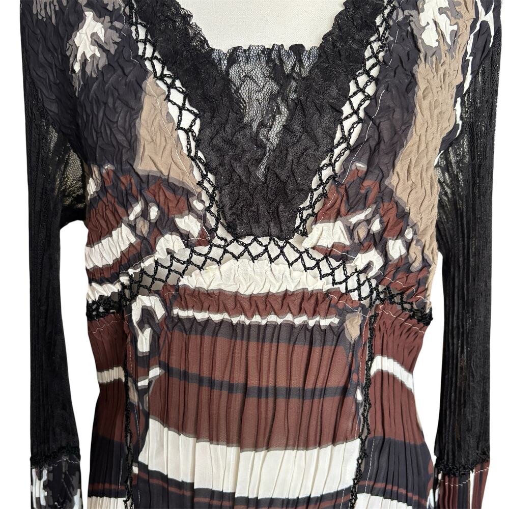 Alberto Makali Sheer Blouse Large Y2K Boho Crinkle Abstract Lace Stretchy Career - Picture 3 of 10